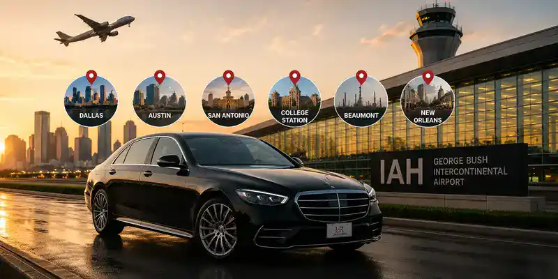 Mercedes-Benz S-Class providing airport transportation from Houston airports to regional Texas destinations, offering luxury, comfort, and seamless long-distance travel.